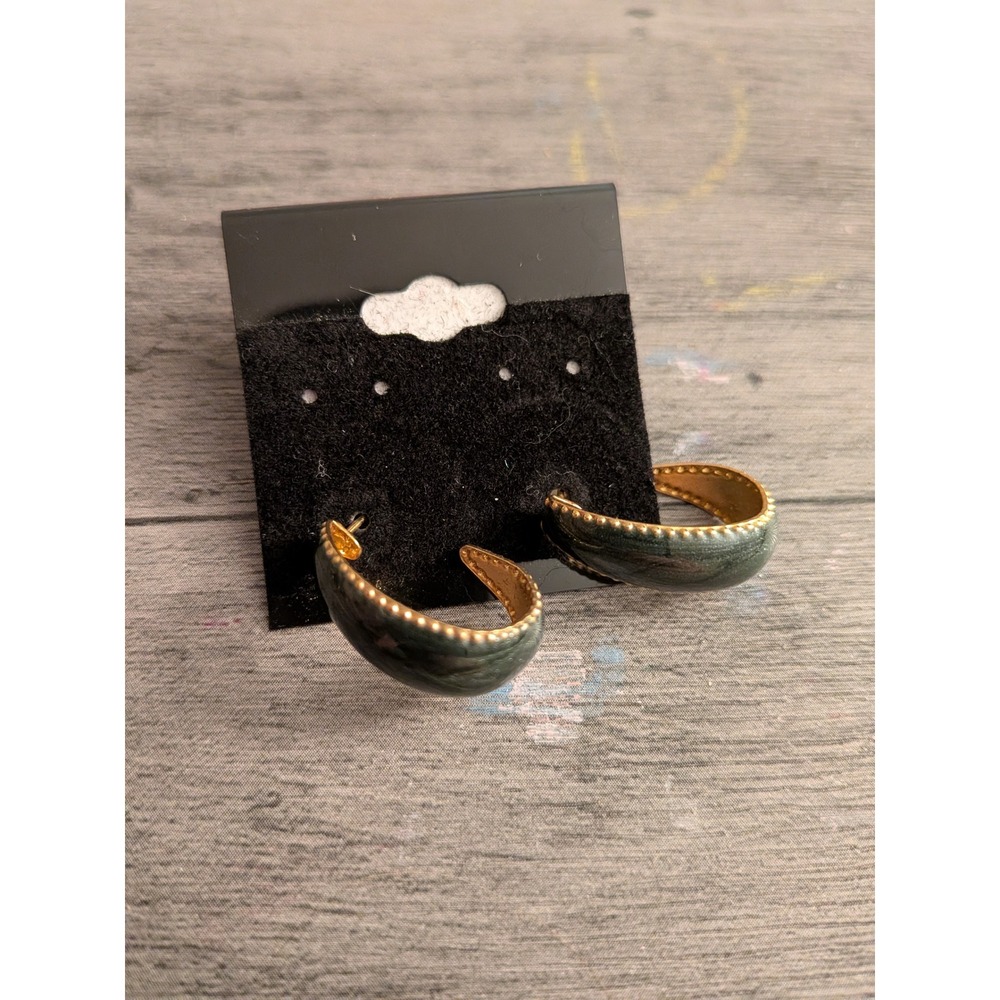 Gold Tone Green Marbled Enamel Beaded Edge Chunky C Hoop Earrings